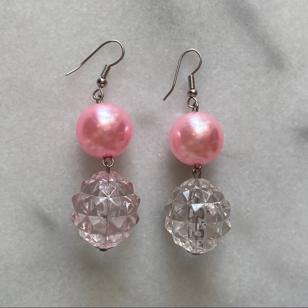 VINTAGE • 80s Barbie Earrings Glam Baby Pink Dangle Plastic Disco Pastel Goth